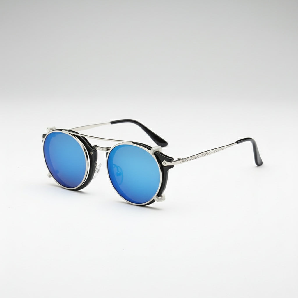 Round sunglasses with blue lenses and silver frames on a white background, branded 'SPLOV'.