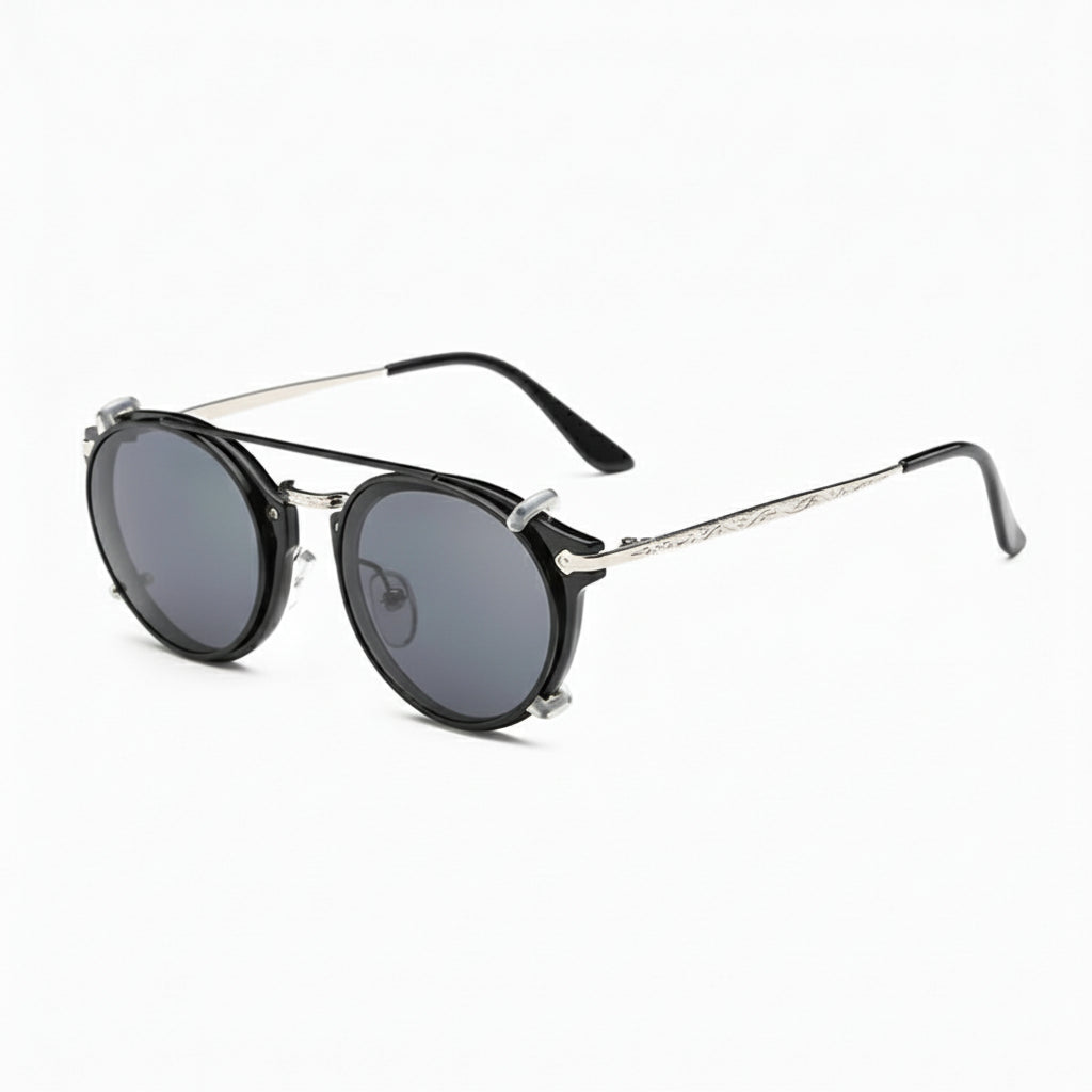 Round sunglasses with metallic frame and dark lenses on a white background, branded 'SPLOV'.