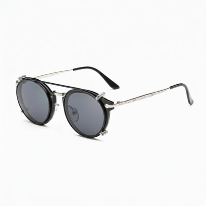 Round sunglasses with metallic frame and dark lenses on a white background, branded 'SPLOV'.