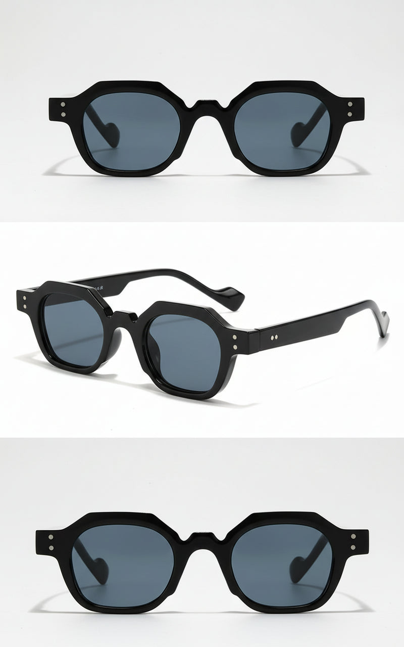 Black sunglasses displayed from different angles on a white background