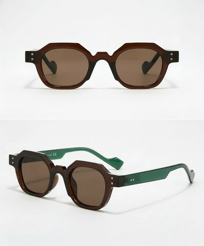 Sunglasses with brown and green frame and lenses on a white background